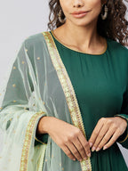 InWeave Women's Green Solid Long Kurta With Mint Green Net Dupatta | Grocsy
