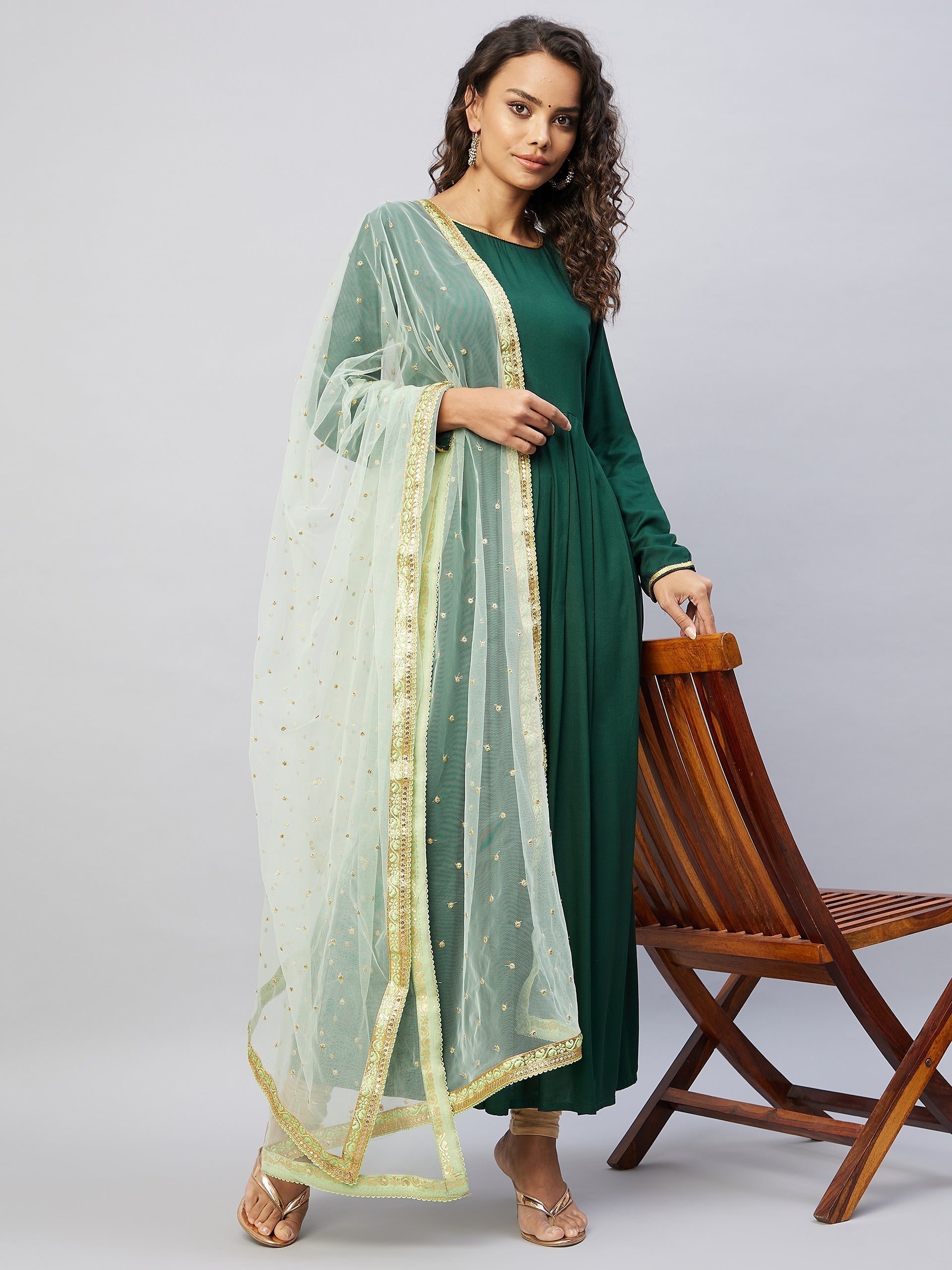 InWeave Women's Green Solid Long Kurta With Mint Green Net Dupatta | Grocsy