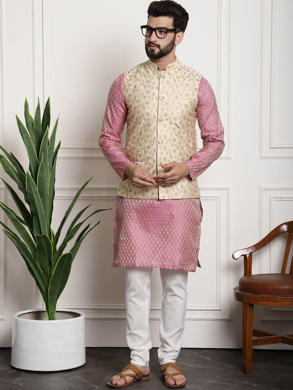 Sojanya Woven Design Mandarin Collar Kurta with Churidar & Nehru Jacket | Grocsy