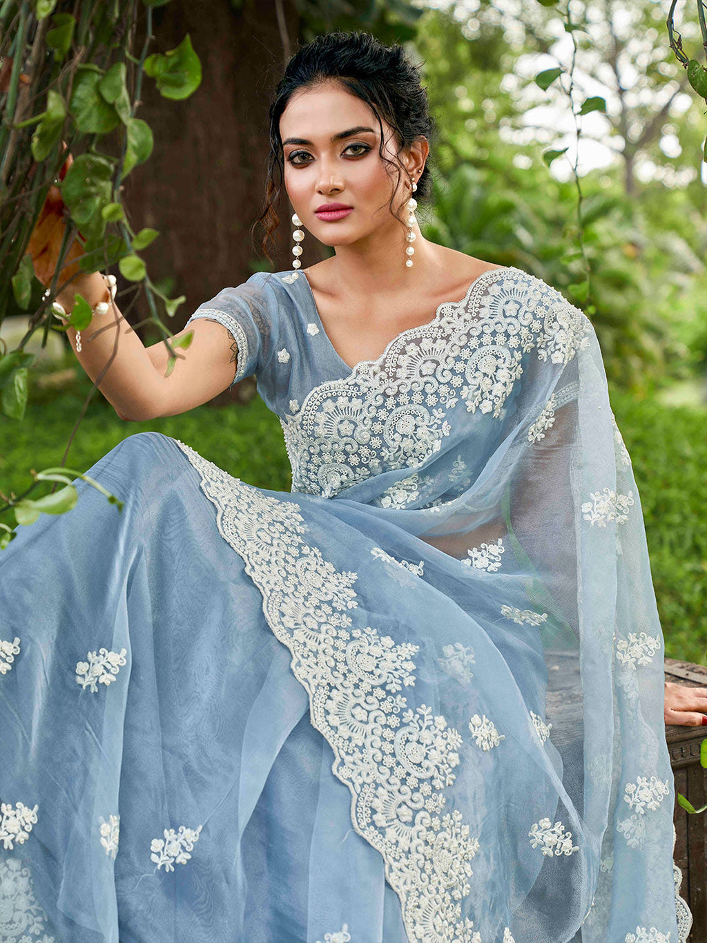 Tikhi Imli Ethnic Motifs Beads and Stones Organza Heavy Work Saree | Grocsy