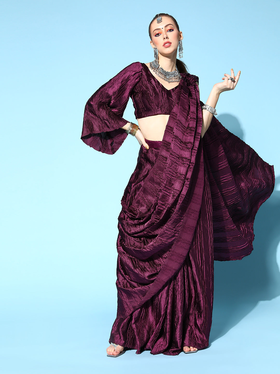 Tikhi Imli Burgundy Accordion Pleated Ready to Wear Saree | Grocsy