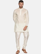 Sethukrishna Men Cream-Coloured Woven Design Kurta with Churidar | Grocsy