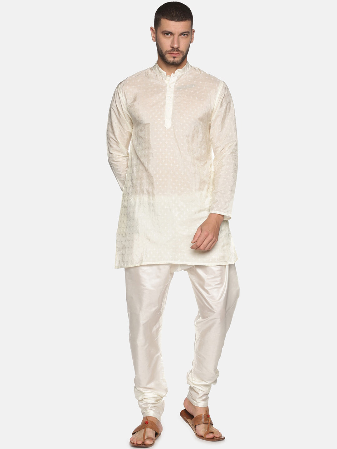 Sethukrishna Men Cream-Coloured Woven Design Kurta with Churidar | Grocsy