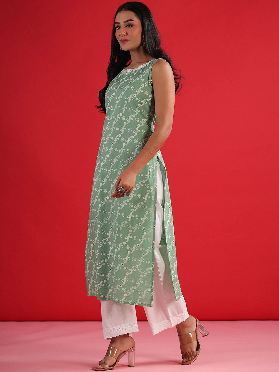 Indo Era Geometric Printed Round Neck Sleeveless Gotta Patti Cotton Straight Kurta | Grocsy