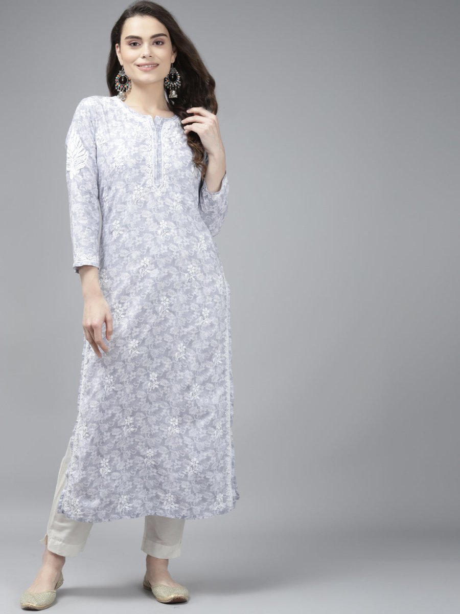 ADA Women Grey & White Floral Chikankari Cotton Handloom Kurta | Grocsy