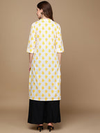 HERE&NOW White & Yellow Floral Printed Sequined Pure Cotton Kurta | Grocsy
