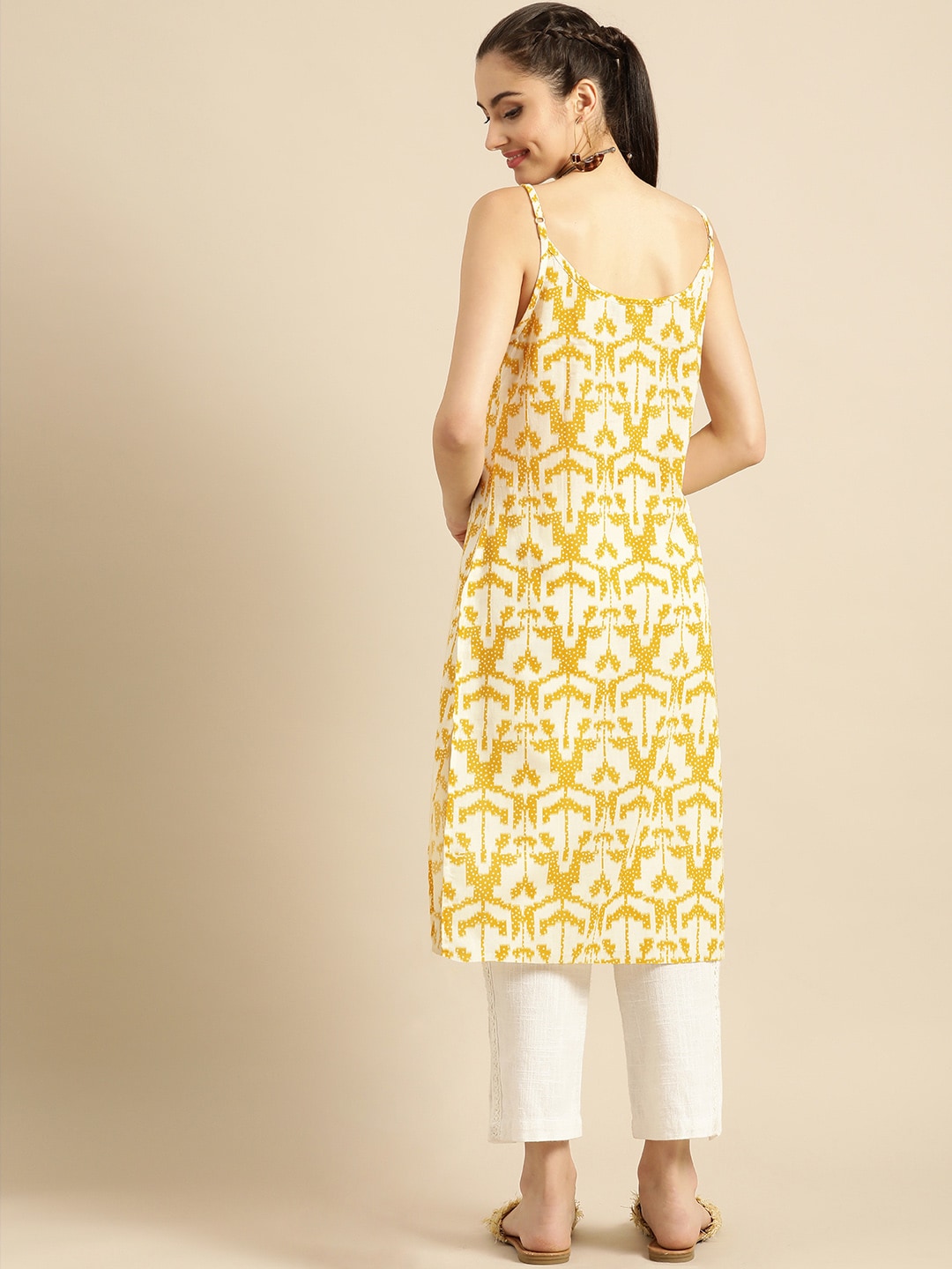 Sangria Women Mustard Yellow & Yellow Printed Cotton Kurta | Grocsy