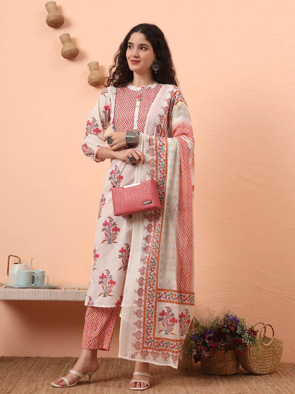 Yufta Cream Pure Cotton Kantha Work Kurta Dupatta Pant Set | Grocsy