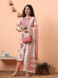 Yufta Cream Pure Cotton Kantha Work Kurta Dupatta Pant Set | Grocsy