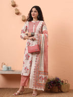 Yufta Cream Pure Cotton Kantha Work Kurta Dupatta Pant Set | Grocsy