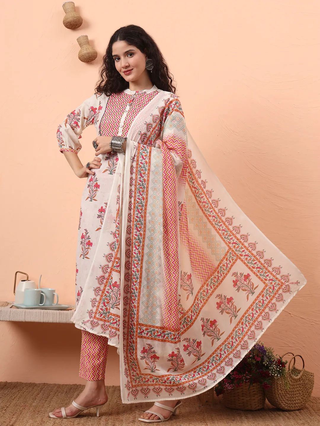 Yufta Cream Pure Cotton Kantha Work Kurta Dupatta Pant Set | Grocsy
