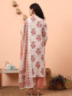 Yufta Cream Pure Cotton Kantha Work Kurta Dupatta Pant Set | Grocsy