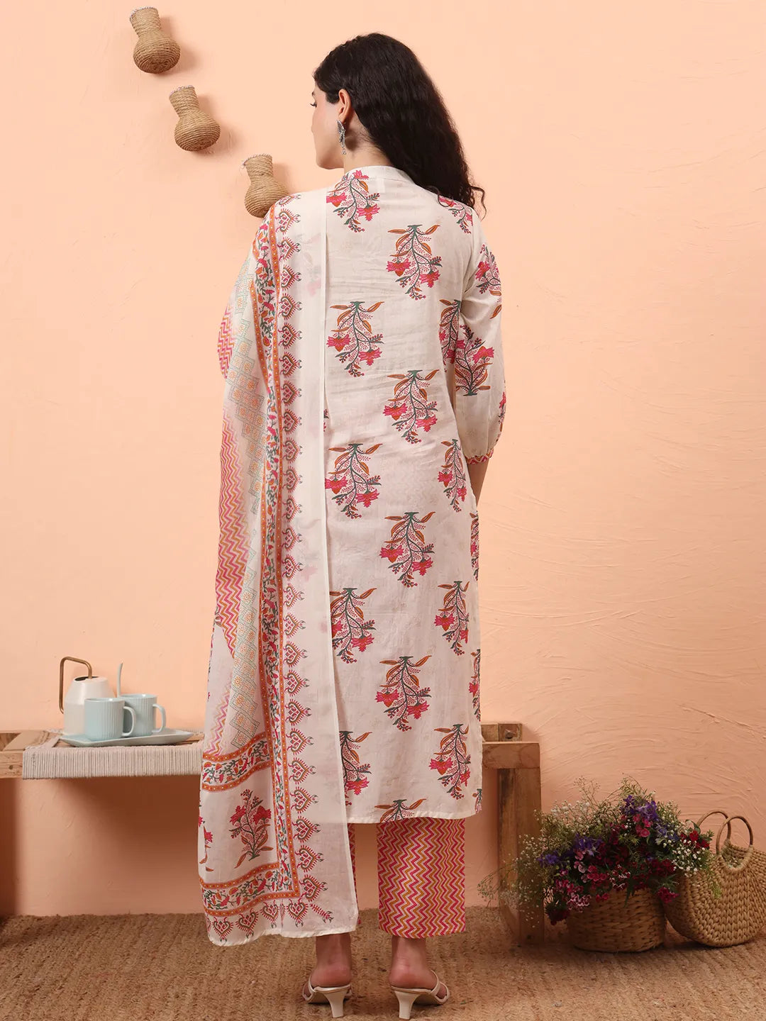 Yufta Cream Pure Cotton Kantha Work Kurta Dupatta Pant Set | Grocsy