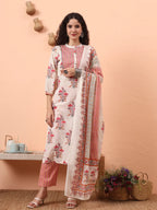 Yufta Cream Pure Cotton Kantha Work Kurta Dupatta Pant Set | Grocsy