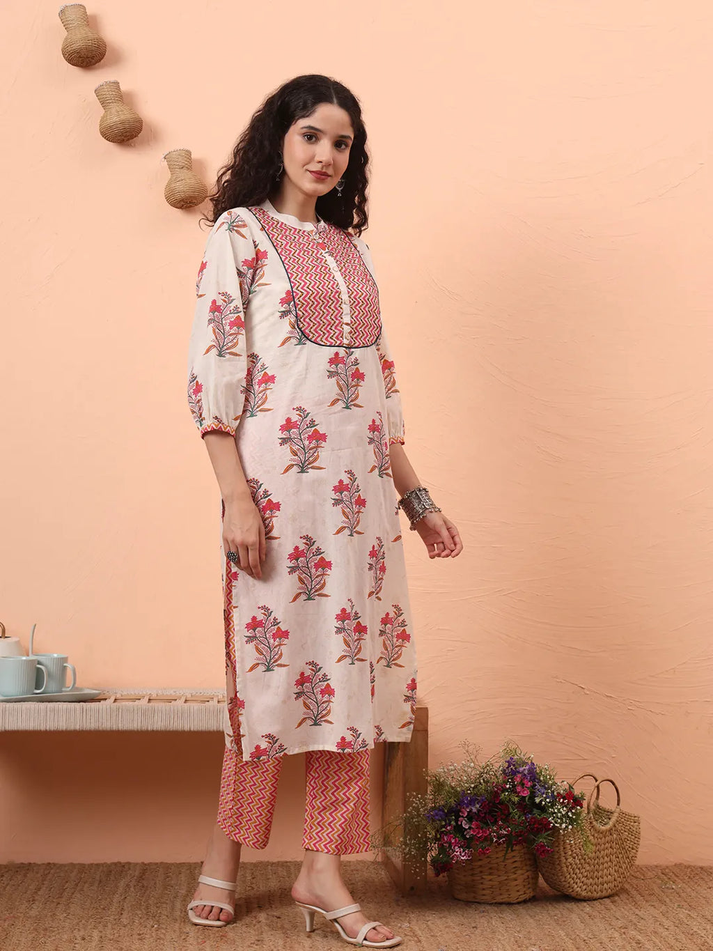 Yufta Cream Pure Cotton Kantha Work Kurta Dupatta Pant Set | Grocsy