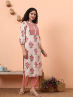 Yufta Cream Pure Cotton Kantha Work Kurta Dupatta Pant Set | Grocsy