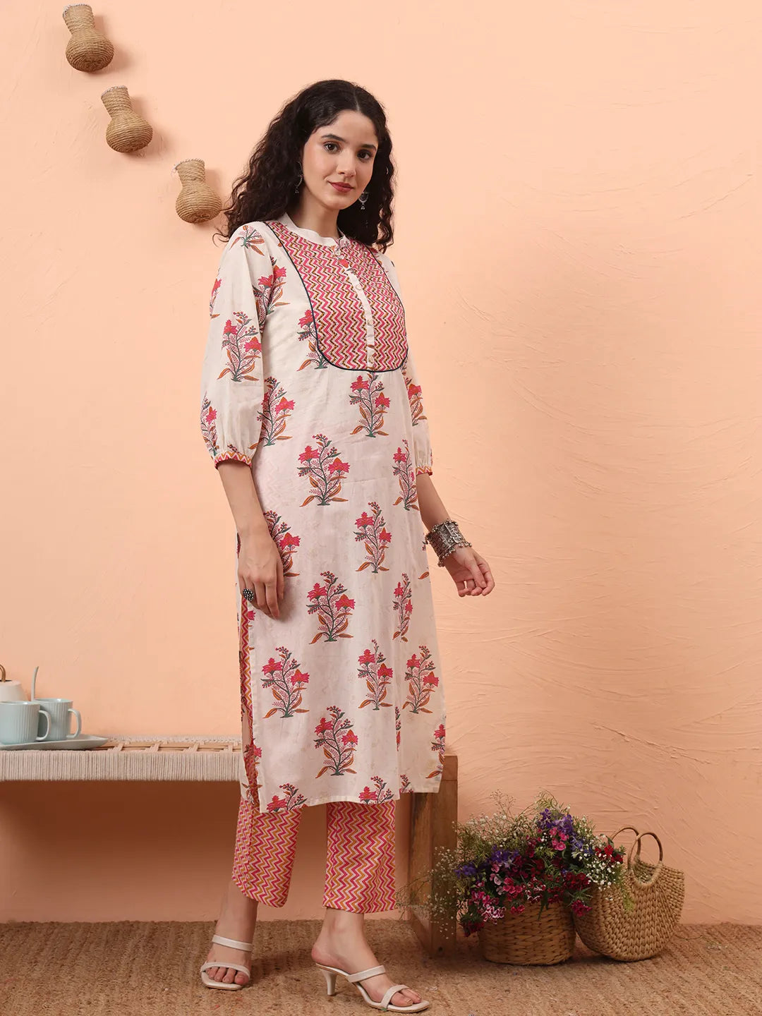 Yufta Cream Pure Cotton Kantha Work Kurta Dupatta Pant Set | Grocsy