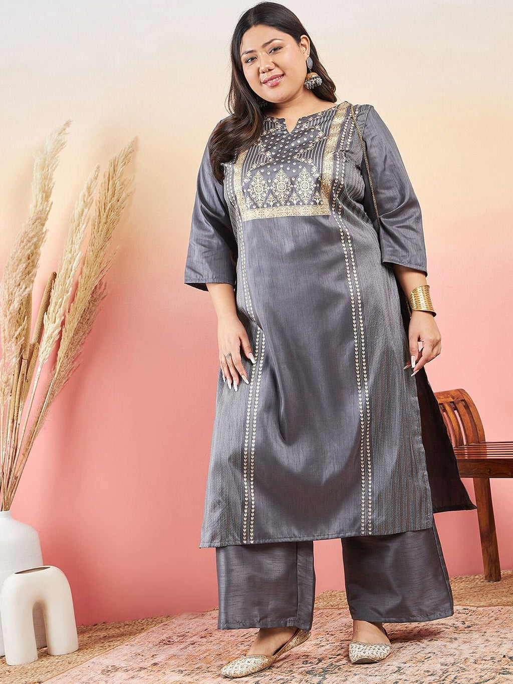 Sztori Ethnic Motifs Printed Notched Neck Straight Kurta With Palazzo | Grocsy