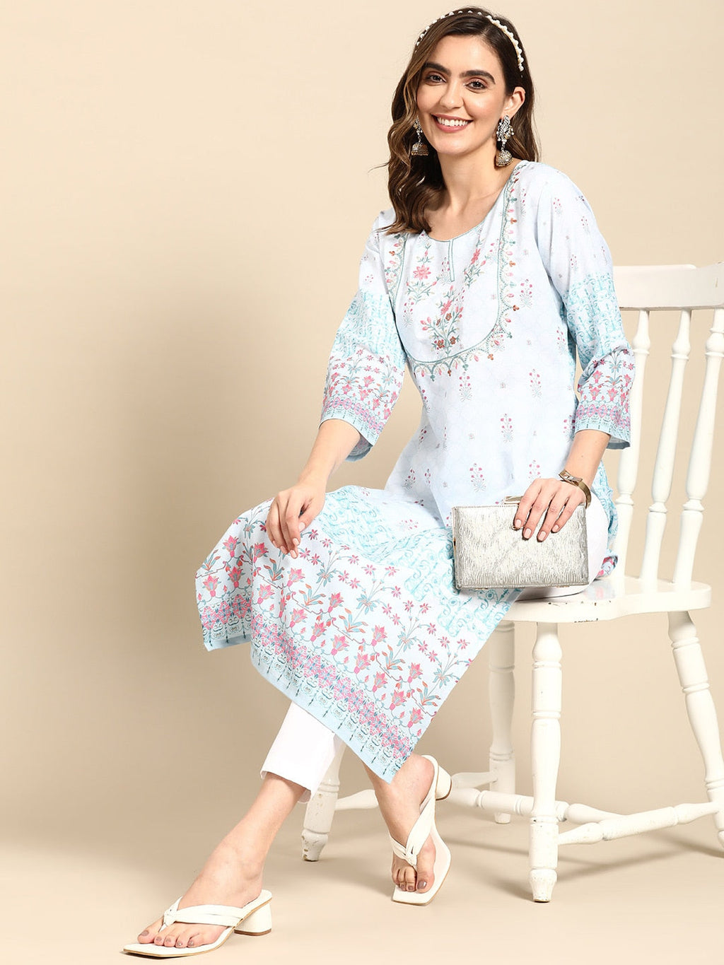 Sangria Women Turquoise Blue Floral Embroidered Kurta | Grocsy