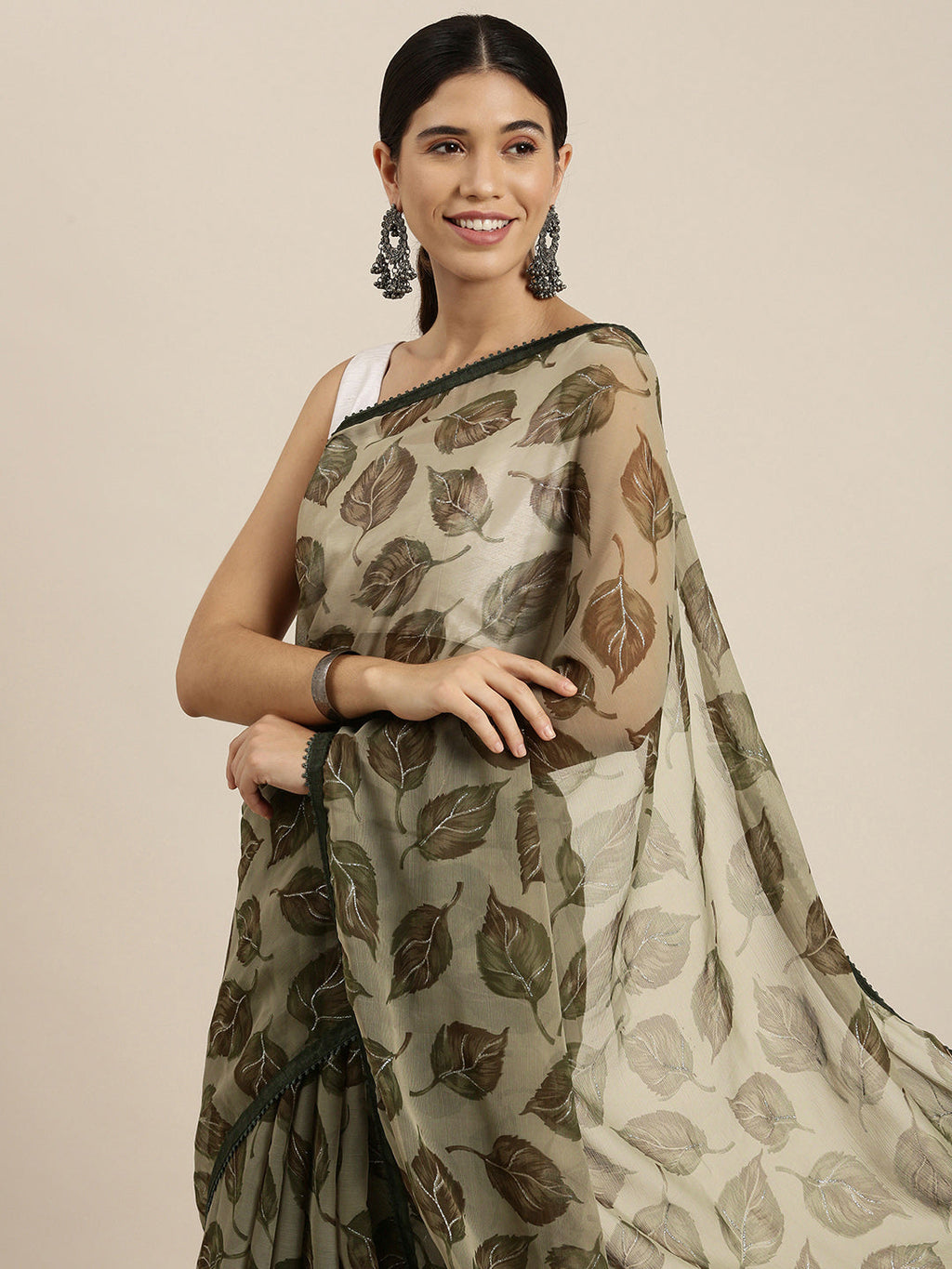 Sangria Olive Green Leaf Print Pure Chiffon Saree | Grocsy