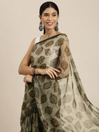 Sangria Olive Green Leaf Print Pure Chiffon Saree | Grocsy