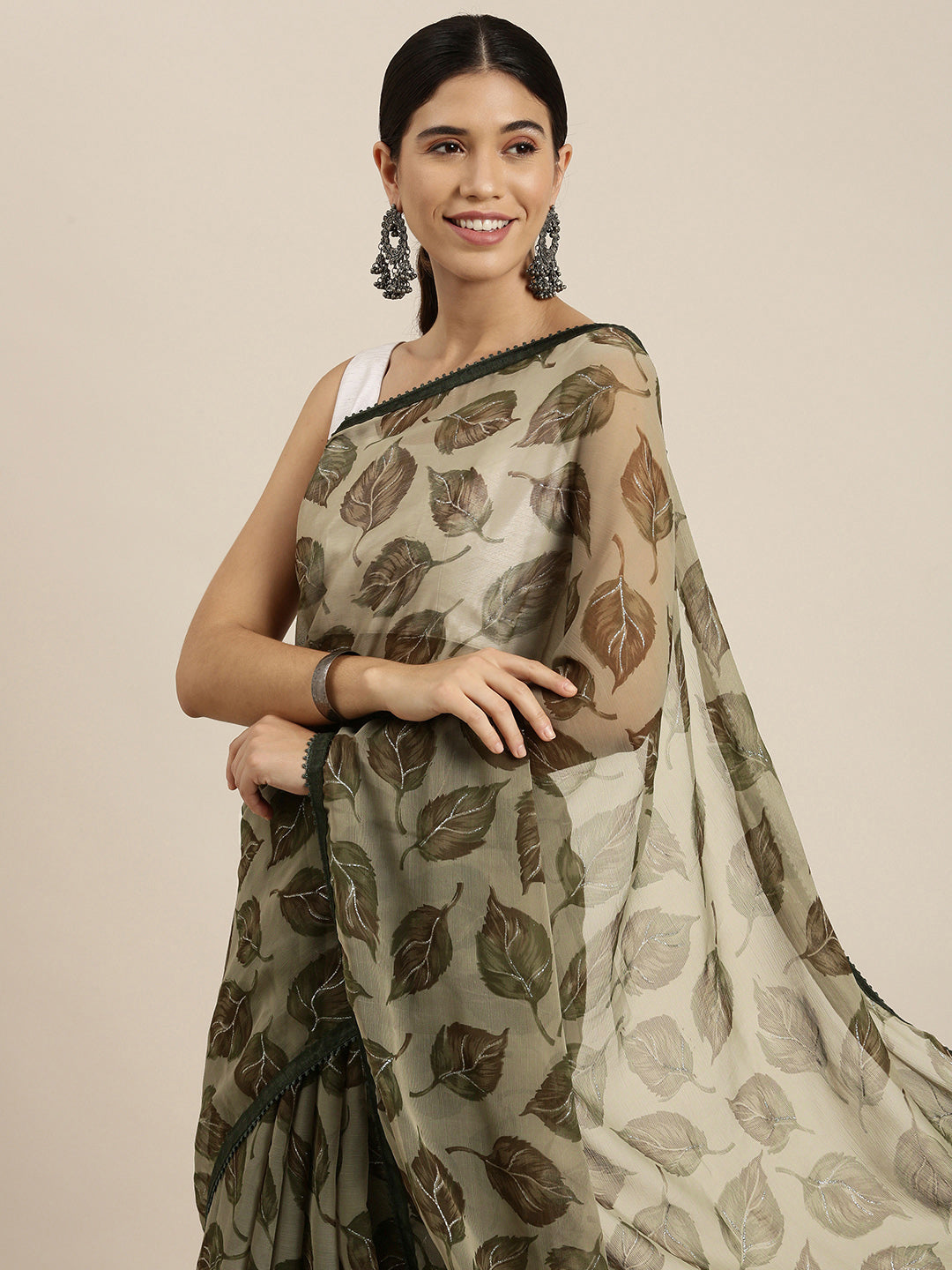 Sangria Olive Green Leaf Print Pure Chiffon Saree | Grocsy