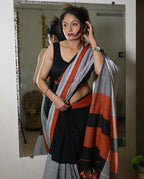 Exclusive Collection Beautiful black Gray Pure Cotton Woven Handloom Saree With Running Blouse Piece | Grocsy