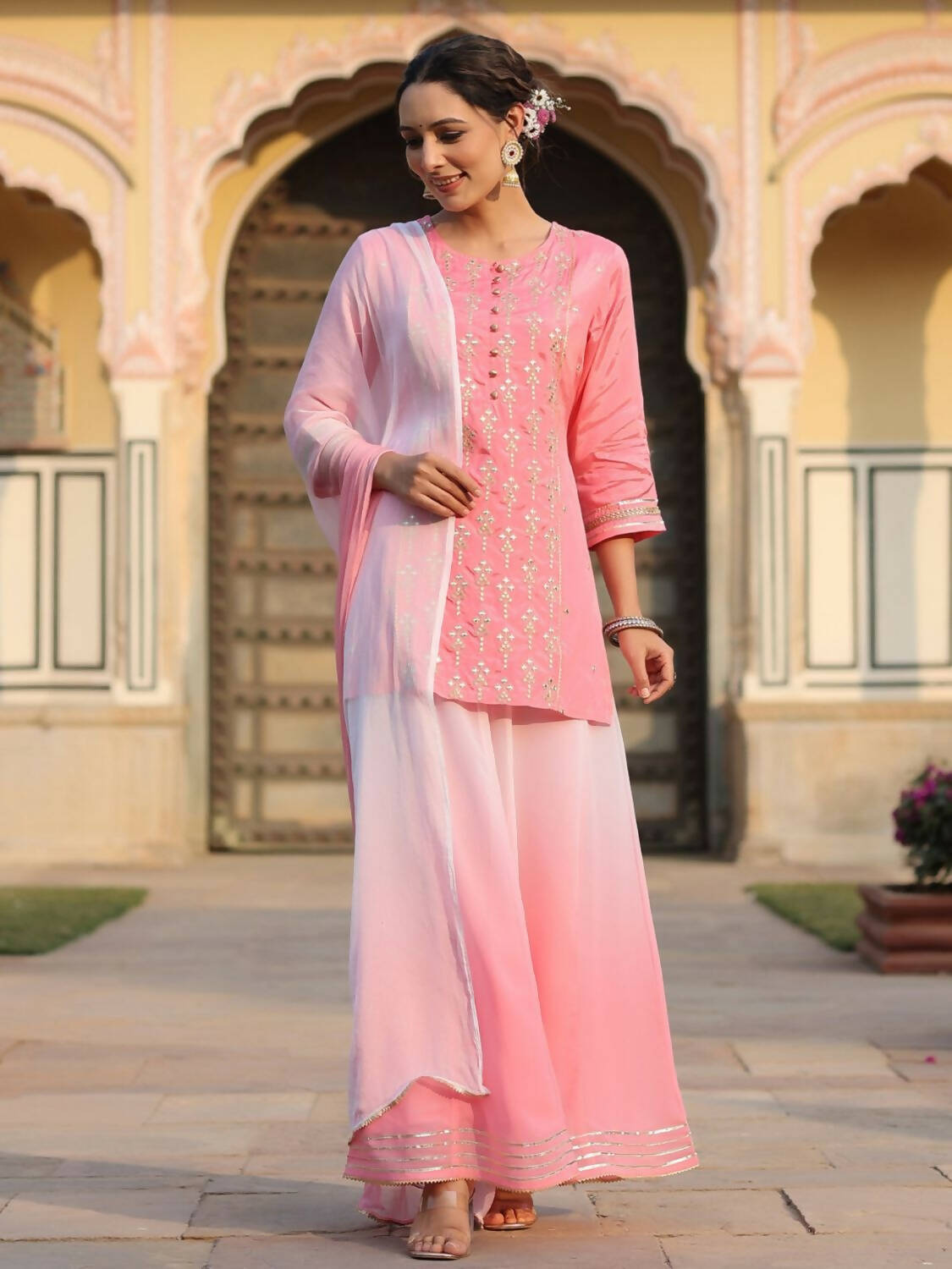 Juniper Women Pink Shantoon Embroidered Kurta, Palazzo and Dupatta Set | Grocsy