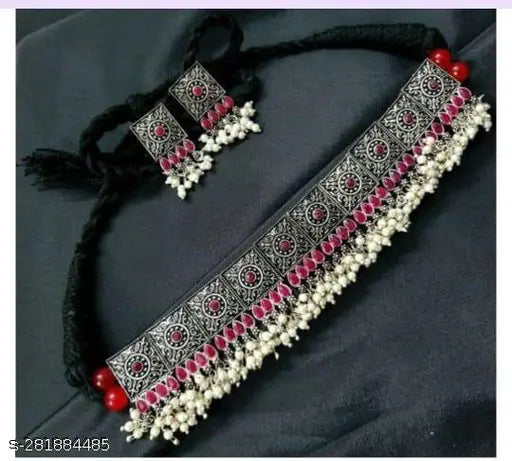 Tehzeeb Creations Women's Oxidised Necklace Set With White Pearl | Grocsy