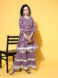 All About You Women Purple Floral Printed Regular Gotta Patti Pure Cotton Kurta with Sharara | Grocsy