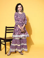 All About You Women Purple Floral Printed Regular Gotta Patti Pure Cotton Kurta with Sharara | Grocsy