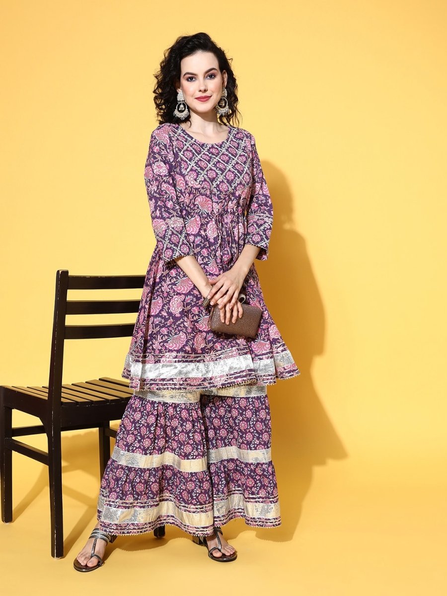 All About You Women Purple Floral Printed Regular Gotta Patti Pure Cotton Kurta with Sharara | Grocsy
