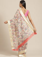 Saree Mall Cream-Coloured & Pink Floral Print Saree | Grocsy