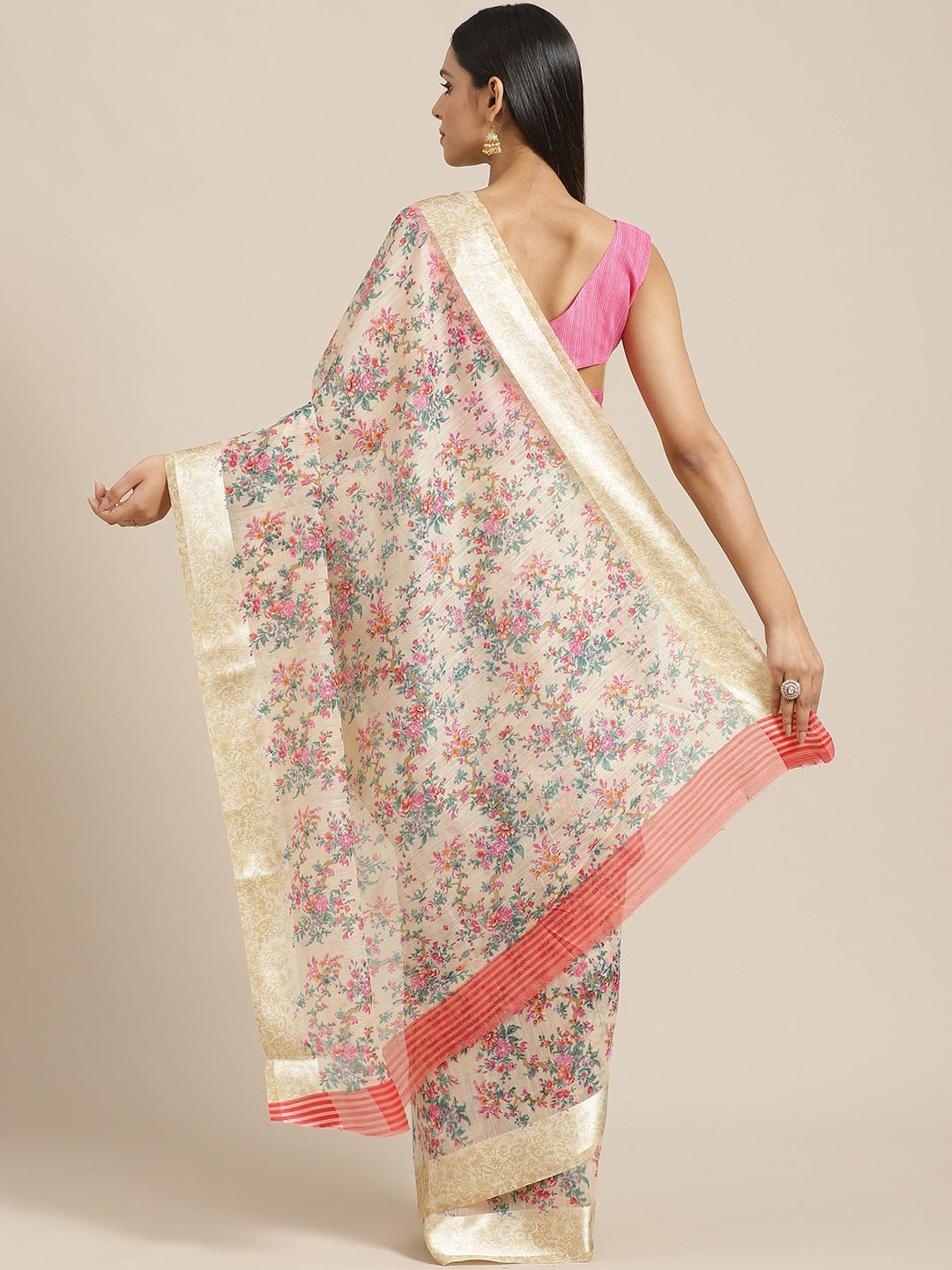 Saree Mall Cream-Coloured & Pink Floral Print Saree | Grocsy