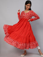 Aks Bandhani Yoke Design Long Sleeves Cotton Anarkali Kurta | Grocsy