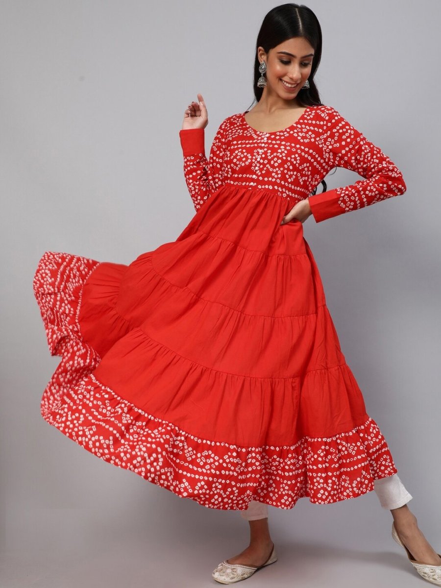 Aks Bandhani Yoke Design Long Sleeves Cotton Anarkali Kurta | Grocsy