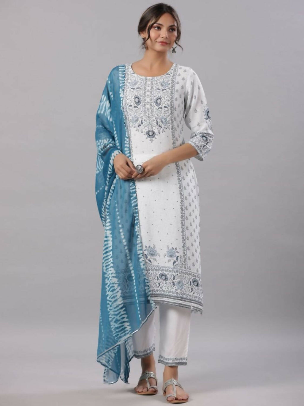 Juniper Women Sky-Blue Rayon Staple Kalamkari Printed Kurta, Pants and Dupatta Set | Grocsy