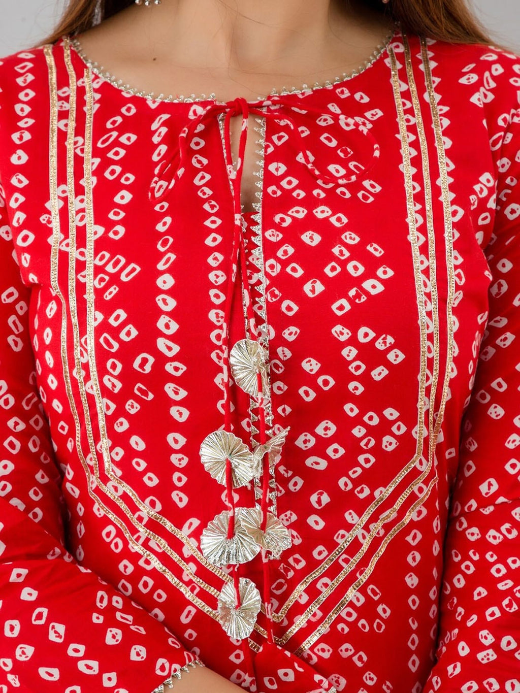 HERE&NOW Red & Gold-Toned Bandhani Printed Gotta Patti Kurta with Sharara | Grocsy