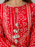 HERE&NOW Red & Gold-Toned Bandhani Printed Gotta Patti Kurta with Sharara | Grocsy