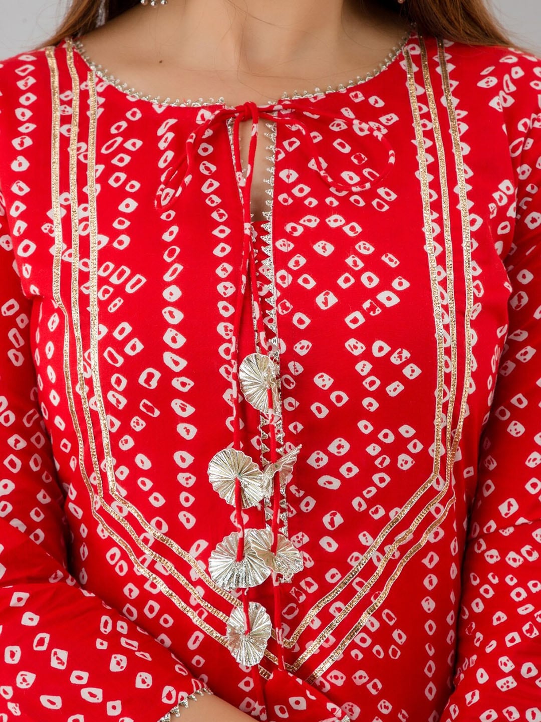 HERE&NOW Red & Gold-Toned Bandhani Printed Gotta Patti Kurta with Sharara | Grocsy
