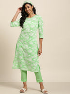 Sangria Women Green Floral Printed Pure Cotton Kurta with Trousers | Grocsy
