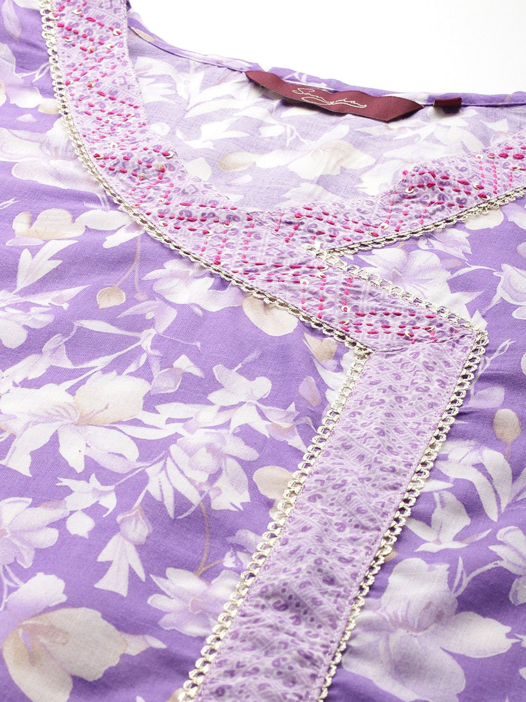 Sangria Floral Printed Angrakha Thread Work Pure Cotton Kurta with Trousers & With Dupatta | Grocsy