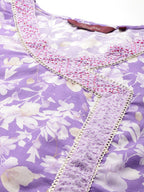 Sangria Floral Printed Angrakha Thread Work Pure Cotton Kurta with Trousers & With Dupatta | Grocsy