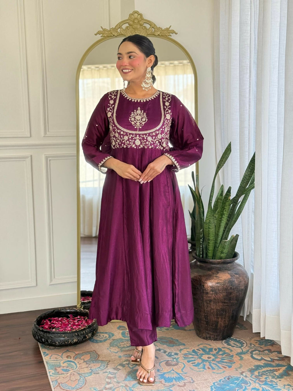 The52 Women's Beautiful Vichitra Silk Fabric Embroidery Work Flared Anarkali Pant and Dupatta Set | Grocsy
