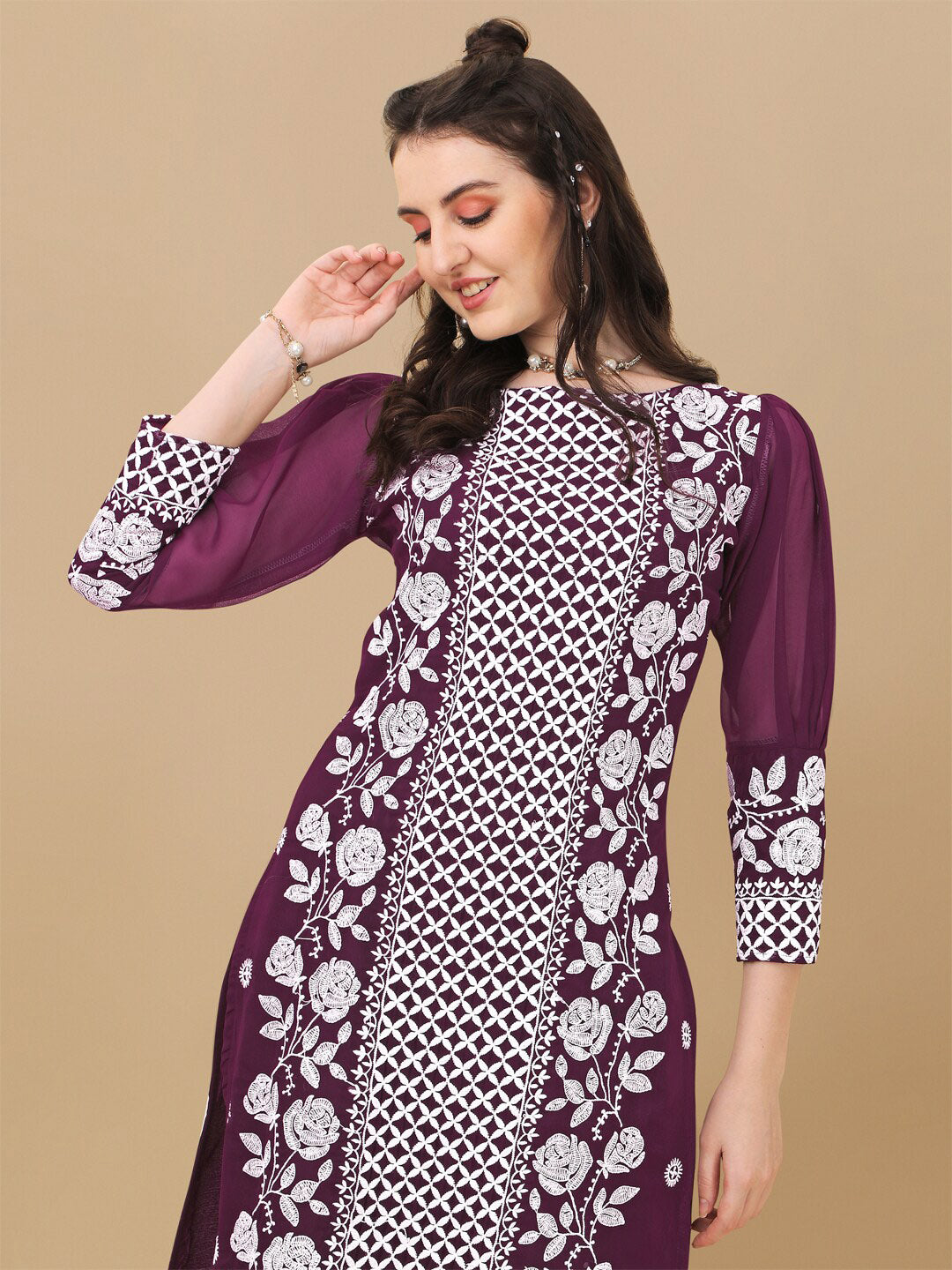 HERE&NOW Floral Embroidered Chikankari Kurta with Trousers & Dupatta | Grocsy