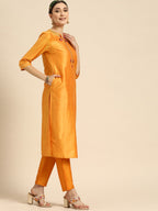 Sangria Women Orange Ethnic Motifs Embroidered Kurta with Trousers | Grocsy