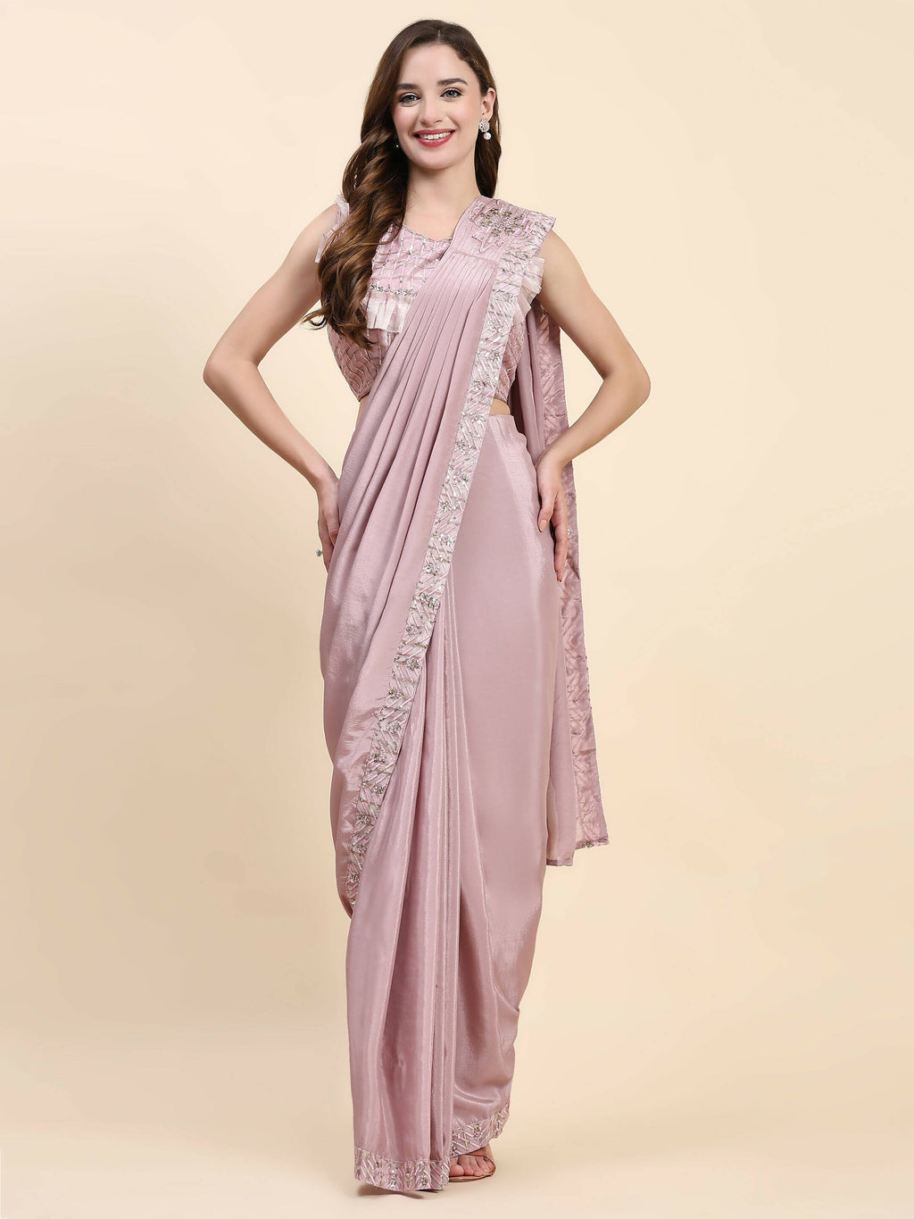 Pink Silk Satin Solid Ready to wear Saree with stitched Blouse - Satiksha | Grocsy