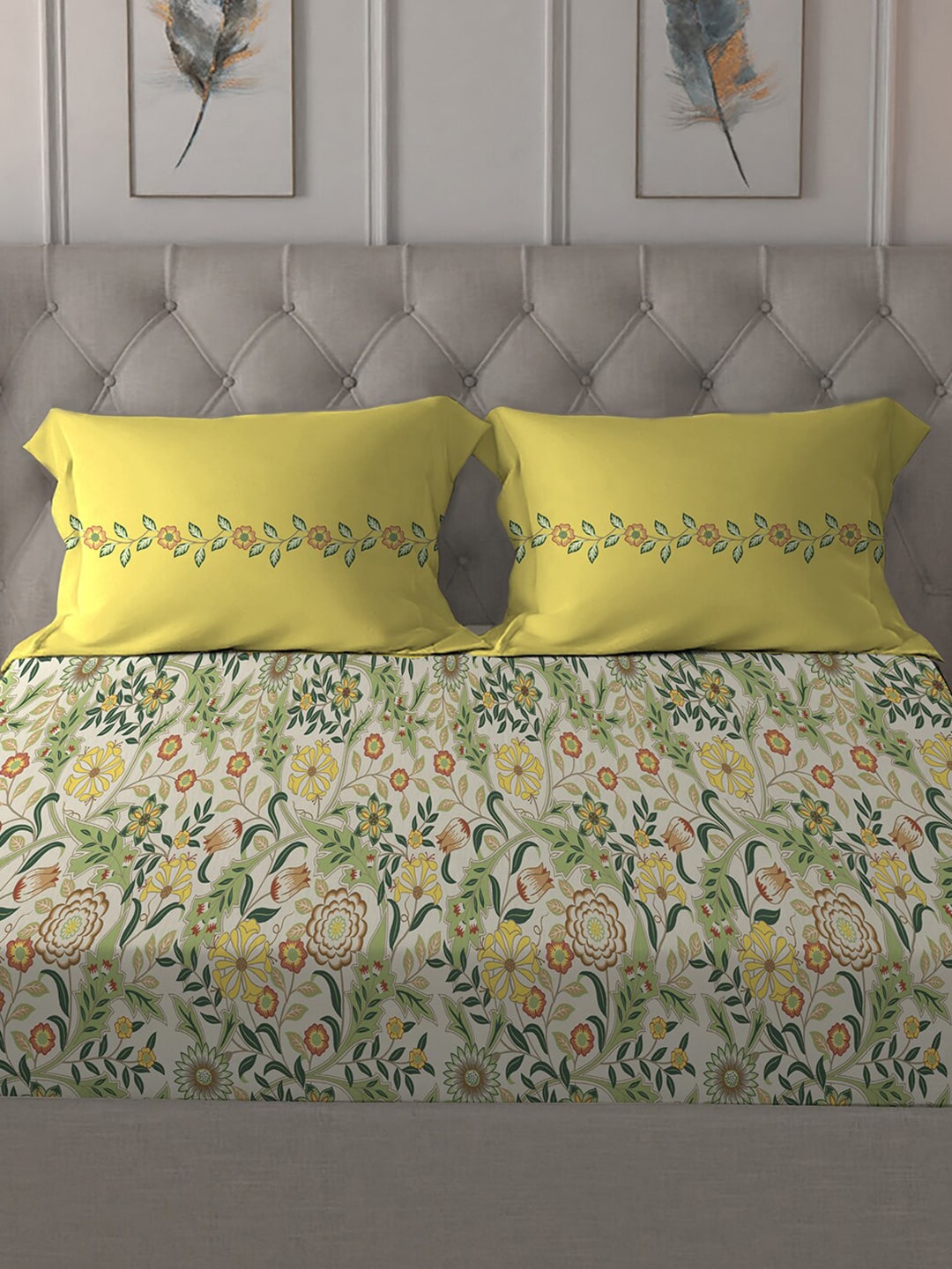 MYTRIDENT Beige White Floral Pure Cotton 144 TC Queen Bedsheet With 2 Pillow Covers | Grocsy