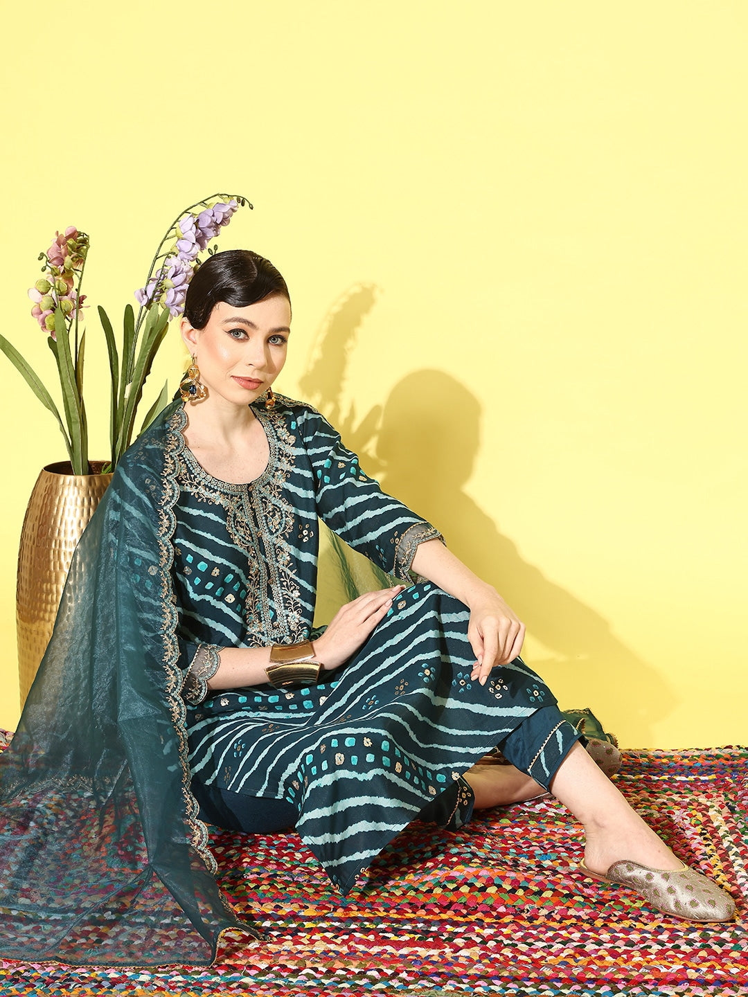 Sangria Women Leheriya Printed Regular Thread Work Kurta with Trousers & With Dupatta | Grocsy