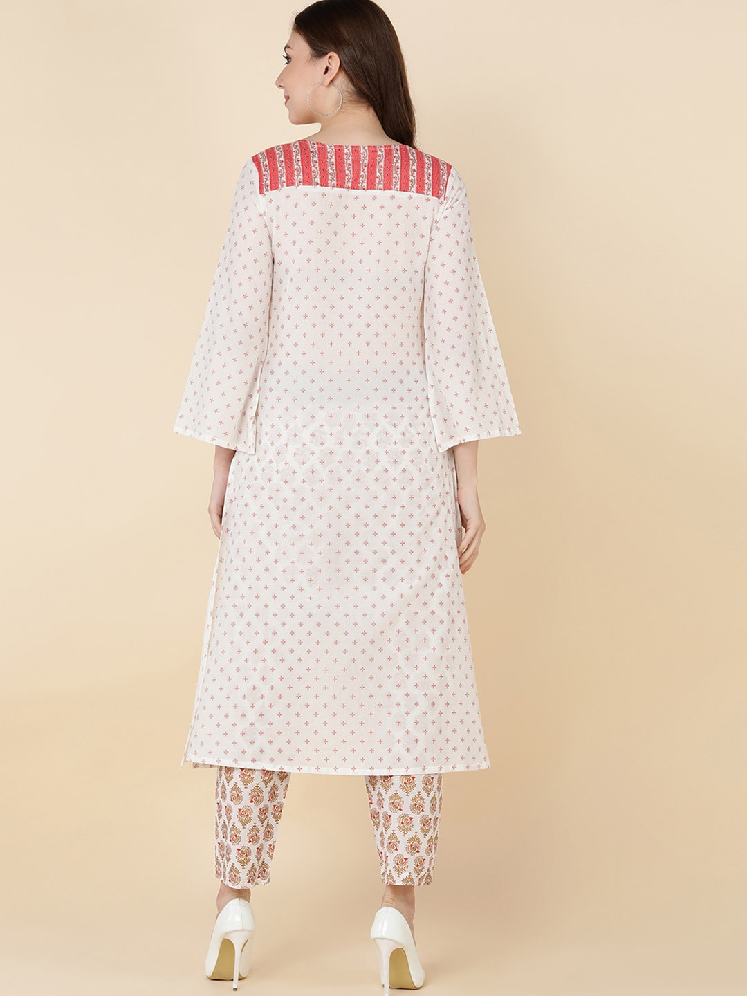 HERE&NOW Women White Floral Printed Pleated Pure Cotton Kurta with Trousers | Grocsy